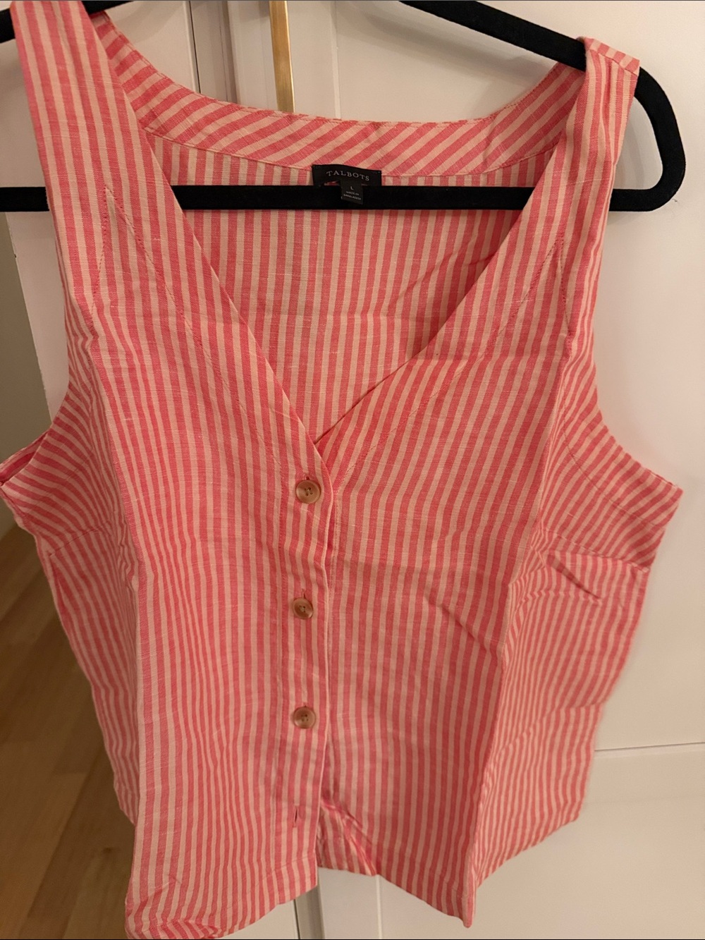 Talbots Coral and White Striped V-Neck Linen-Blend Tank